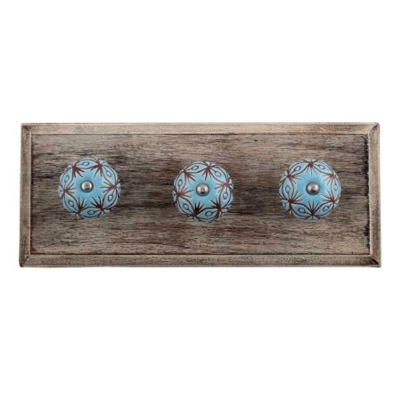 Turquoise Etched Ceramic Floral Wooden Hooks